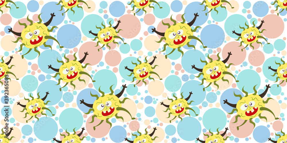 Seamless pattern of Cute cartoon germ in flat style design isolated on Colorful Random Scale Circles background. Bacteriology concept design. Vector illustration EPS10.