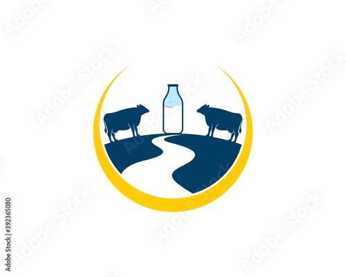 Yellow circle swoosh with cow farm and milk bottle