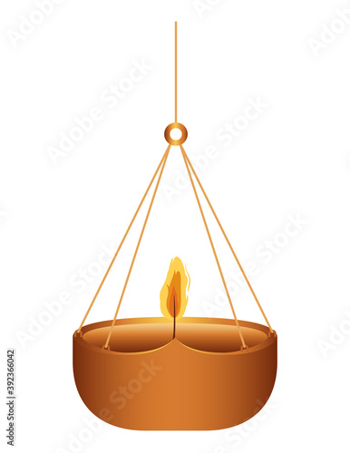 candle of orange color on a chandelier and orange flame on a white background