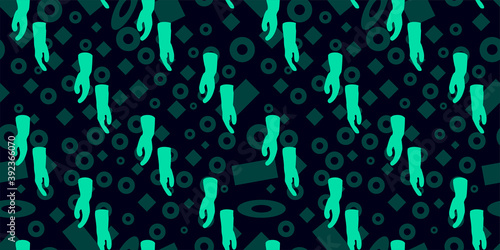 Seamless pattern of green latex gloves design on memphis element background. Vector illustration eps10.