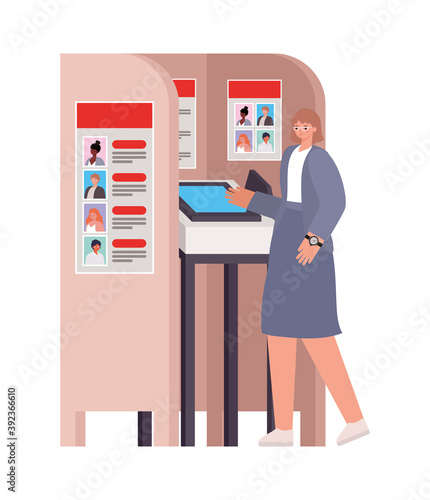 woman with ligth brown hair and purple suit in a voting booth