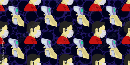 Seamless pattern of image man wearing surgical mask and image the human hand holding the digital infrared laser thermometer on dark blue background. vector illustration EPS10.