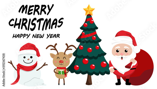 Character Cartoon Cute Christmas Day , Merry christmas happy new year festival , santa claus with gift box in bag and snow man , christmas tree snowflake and text , invitation card vector illustration © bellie