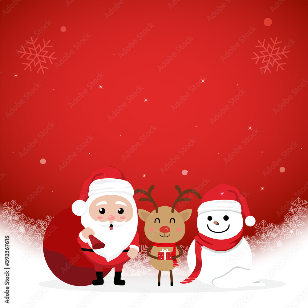Character Cartoon Cute Christmas Day , Merry christmas happy new year festival , santa claus and snow man and cute reindeer hold gift box, christmas tree snowflake copy space for text invitation card Character Cartoon Cute Christmas Day , Merry christmas happy new year festival , santa claus and snow man and cute reindeer hold gift box, christmas tree snowflake copy space for text invitation card