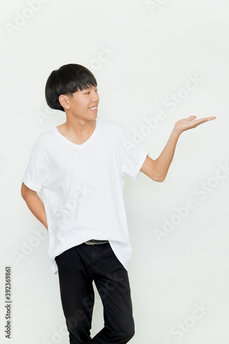 Asian man doing open hand on white background