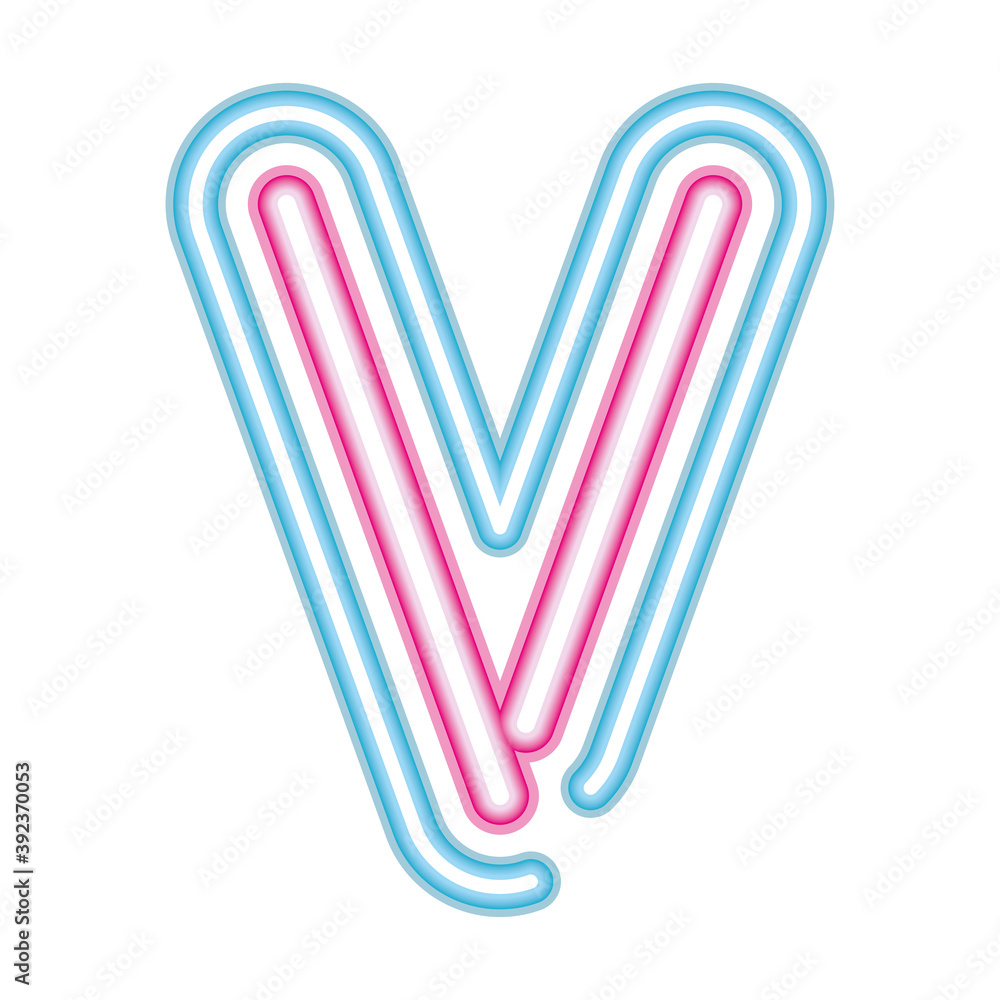 letter V neon font pink and blue on white background letter V neon font pink and blue on white background