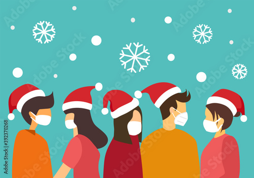 Man and woman wearing medical face mask and Santa Claus hat with snowflakes on background. Merry Christmas celebration in covid19 outbreak. Winter season holiday.