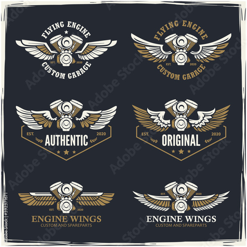 Motorcycle engine and Wings logo. Design element for company logo, label, emblem, sign, apparel or other merchandise. Scalable and editable Vector illustration.