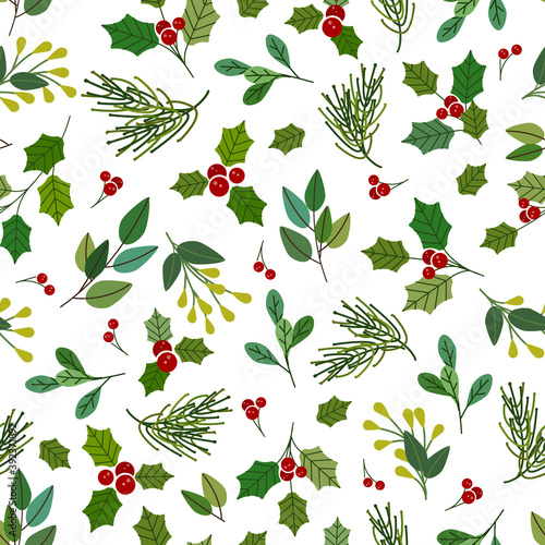 Chistmas nature berries and leaves, flat vector illustration, over white background, seamless pattern photo