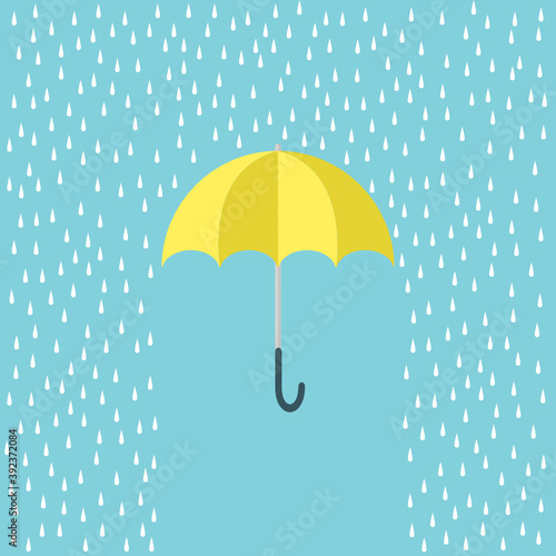 Yellow Umbrella with rain isolate on blue background.