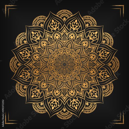 Luxury mandala background with floral ornament pattern. Hand drawn gold mandala design. Vector mandala template for decoration invitation, cards, wedding, logos, cover, brochure, flyer, banner.