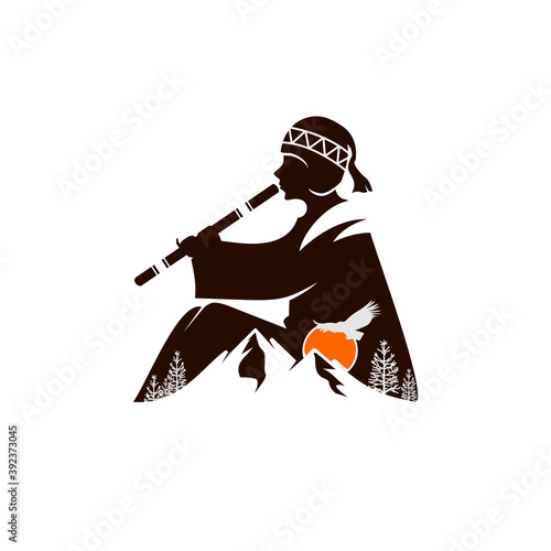 vintage retro traditional andean tribe musician with negative space andean mountain landscape vector icon