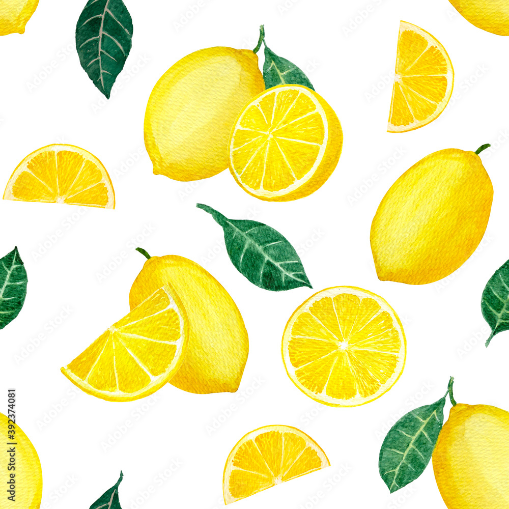 Yellow lemon fruit and sliced illustration watercolor seamless pattern