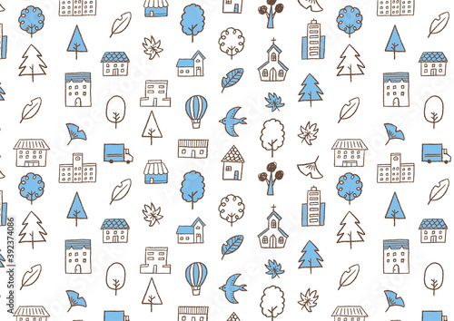 街のイラスト模様_シームレス水色04