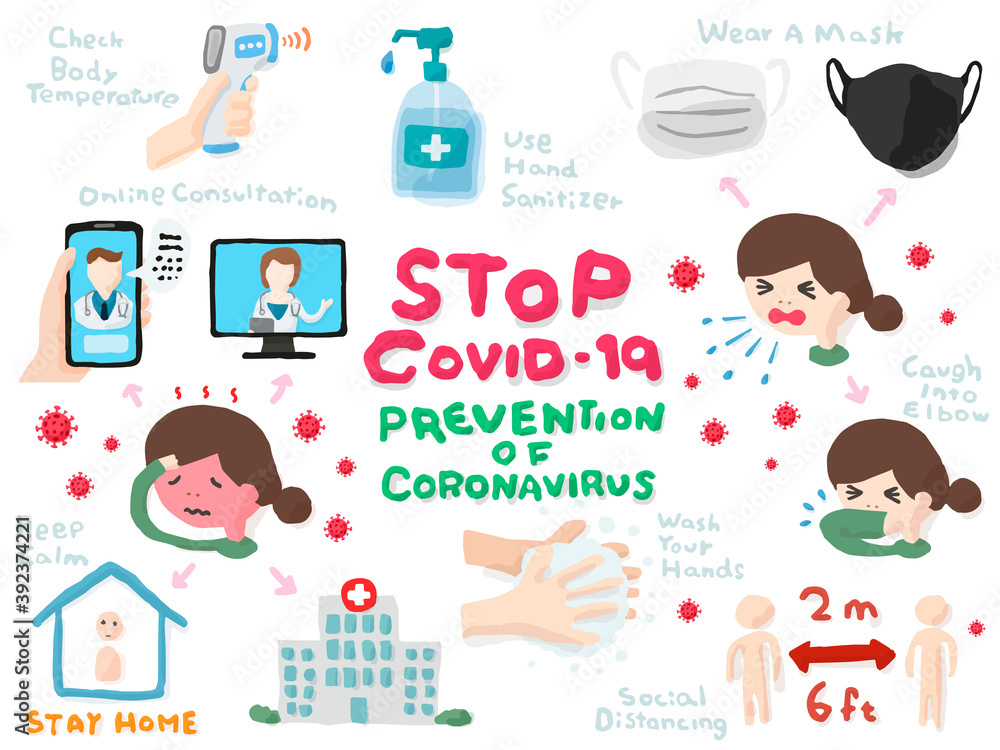Icon Set of Stop Covid-19, Prevention of Coronavirus; Hand drawn vector illustration like woodblock print Icon Set of Stop Covid-19, Prevention of Coronavirus; Hand drawn vector illustration like woodblock print
