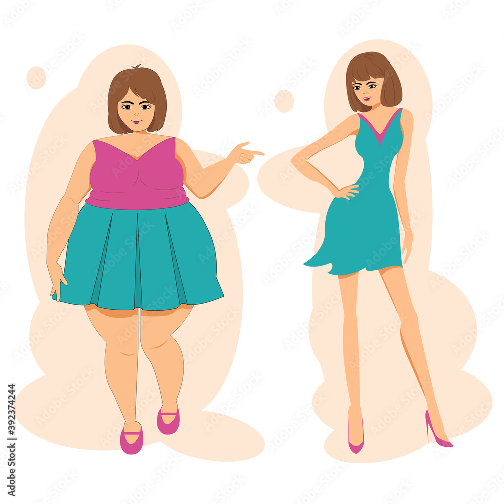 Cartoon of fat and thin woman wearing colorful skirt, sleeveless shirt and  light blue dress. Before