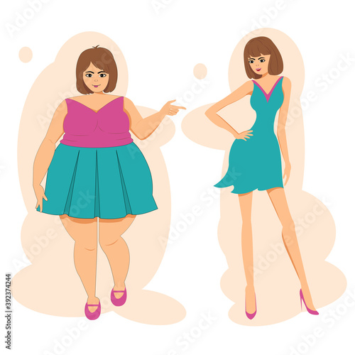 Cartoon of fat and thin woman wearing colorful skirt, sleeveless shirt and light blue dress. Before and after weight loss fat and slim girl on a white background vector illustration flat design.
