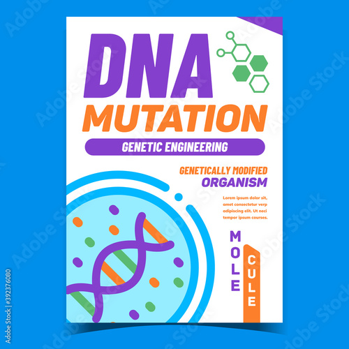Dna Mutation Creative Promotion Poster Vector. Dna Genetic Engineering, Genetically Modified Organism Molecule In Laboratory Glassware Advertising Banner. Concept Template Style Color Illustration