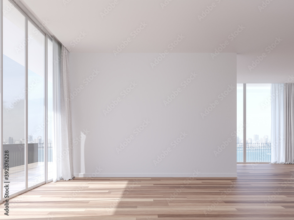 Obraz premium Empty room with coastal city view 3d render,The Rooms have white wall and wooden floor.There are white window overlooks to terrace and bay view.