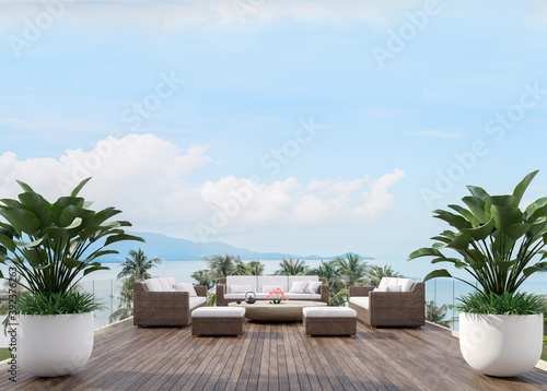 Obraz na plátně Large wooden terrace with sea view 3d render,There has wooden floors,glass raili