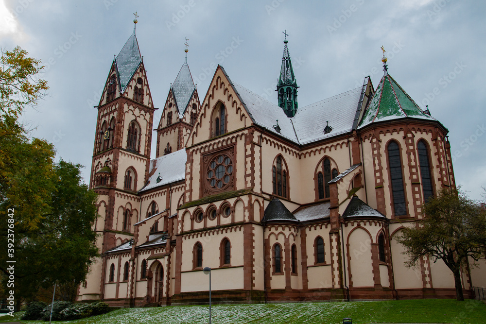 Freiburg im Breisgau/Germany - 10 28 2012: Herz-Jesu-Kirche in Freiburg in a cloudy autumn day after first snow
