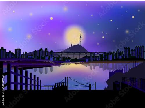 [vector] The dreamy night sky and the night view silhouette of the Seoul city by the river