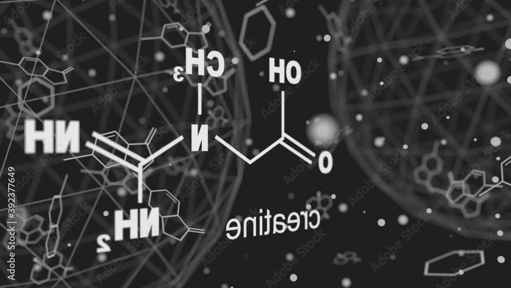 Chemical formula of creatine. Lines and dots connected background. 3D ...