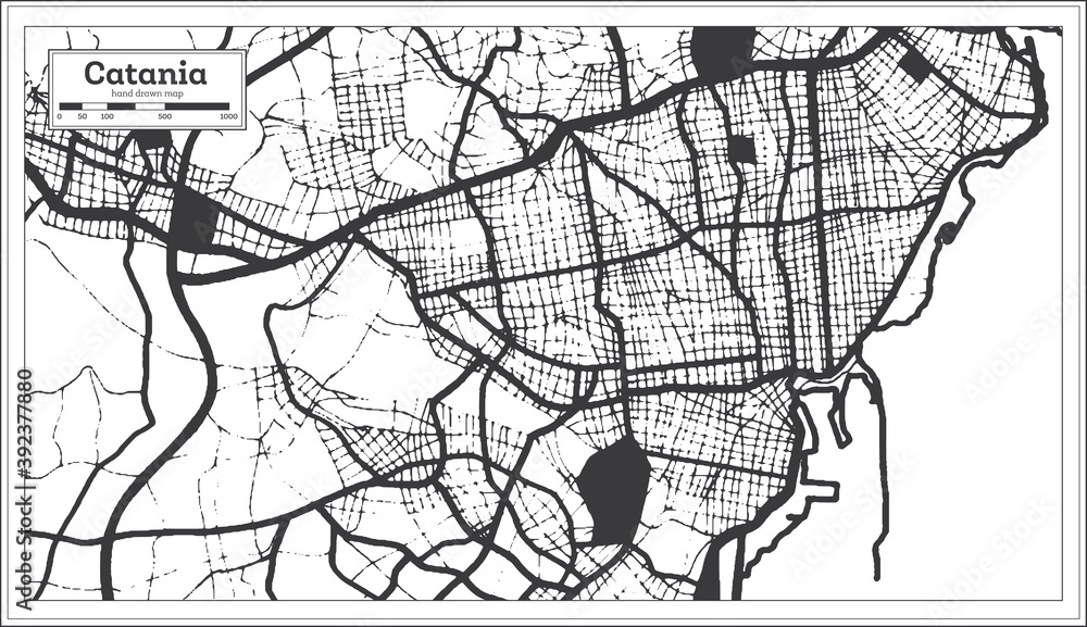Naklejka premium Catania Italy City Map in Black and White Color in Retro Style. Outline Map.
