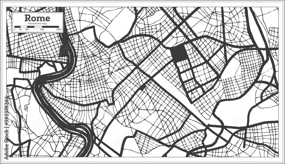 Rome Italy City Map in Black and White Color in Retro Style. Outline Map.