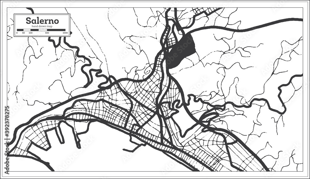 Salerno Italy City Map in Black and White Color in Retro Style. Outline Map.