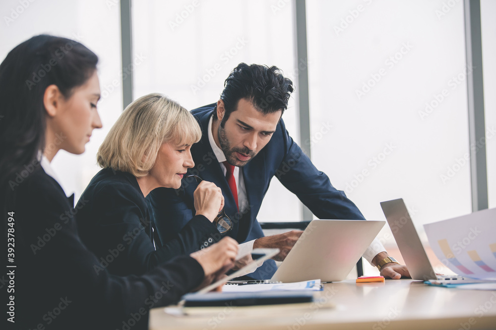 business partners discussing documents and ideas at meeting, Businesspeople using laptop at conference table