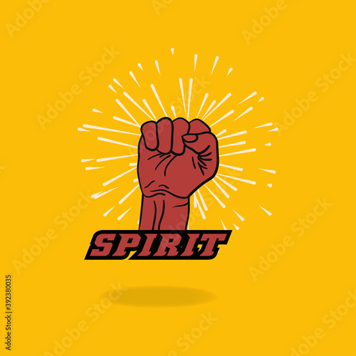 Spirit lettering, raised hand with clenched fist and sunburst design vector illustration