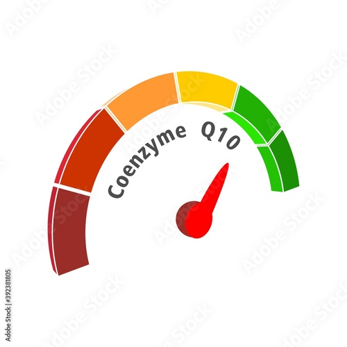 Scale with arrow. The Coenzyme Q10 measuring device. Sign tachometer, speedometer, indicator.