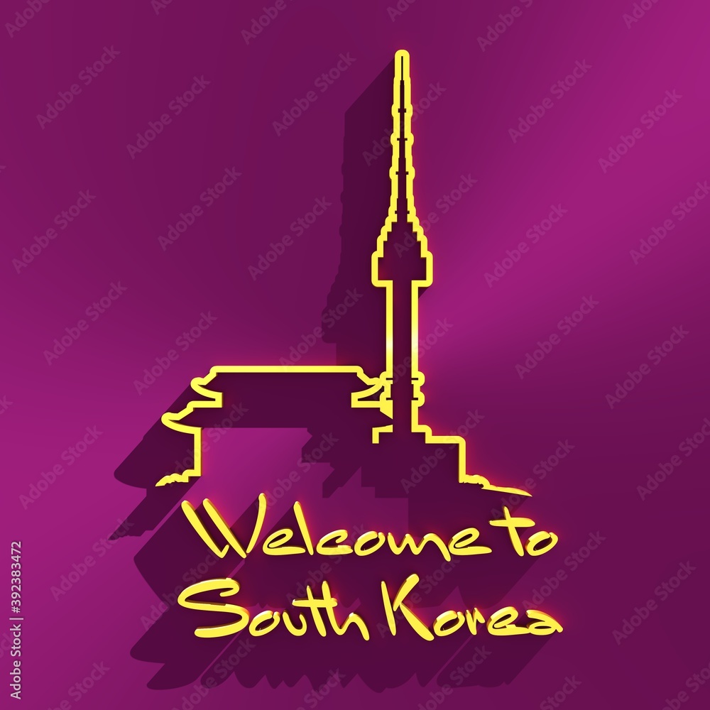 Namsan tower in Seoul and pagoda icons in outline style. Travel concept. 3D rendering.