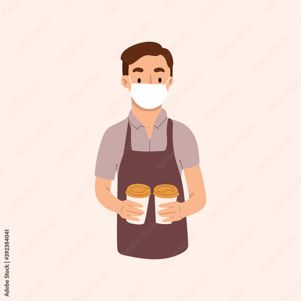 A young waiter, barista prepared delicious aromatic coffee. Restaurant staff characters design with face mask to protect against the virus. Vector hand drawn illustration. A young waiter, barista prepared delicious aromatic coffee. Restaurant staff characters design with face mask to protect against the virus. Vector hand drawn illustration.