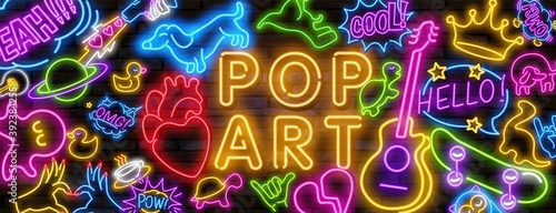 Big set of Pop art neon light sign. Bright signboard, light banner. Vector illustration Pop art icons set. Pop art neon sign.