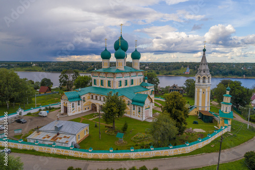 The Cathedral of the Resurrection of Christ is close-up on a cloudy July day (shooting from a quadcopter). Tutaev, Russia photo