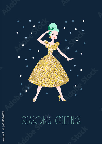 Season's Greetings. Winter holiday vintage greeting card. Pretty girl dressed shiny golden dress. Vector 10 EPS.