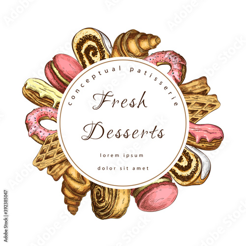 pastry, bakery round label or frame with sweet desserts. bakeryhouse logo template. Pastry shop emblem. Patisserie circle banner or signboard. icon of donuts, cakes, desserts, croissans, waffle.