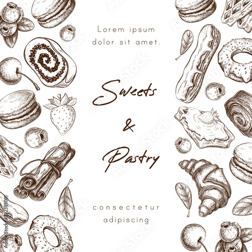 Bakery or pastry shop banner background or frame with place for text. sweet desserts hand drawn illustration. sketch of pastries and berries. poster, menu, package design for cafe or patisserie.