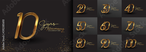 Set of anniversary logotype design with handwriting golden color for celebration event, wedding, greeting card, and invitation. Vector illustration.