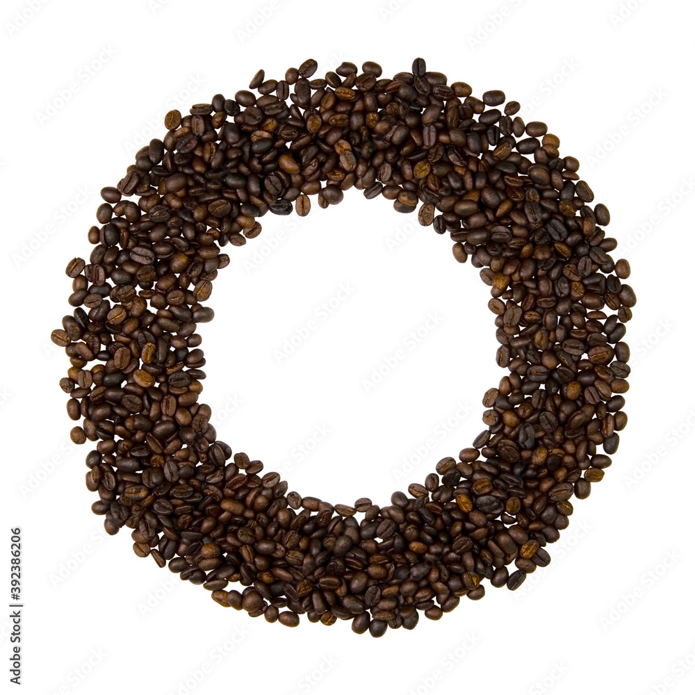 Roasted coffee beans laid out in a circle on a white background without a shadow Roasted coffee beans laid out in a circle on a white background without a shadow