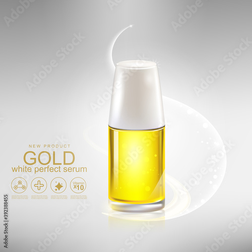 Collagen Perfect Serum Gold and Vitamin Background Concept Skin Care Cosmetic.