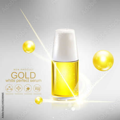 Collagen Perfect Serum Gold and Vitamin Background Concept Skin Care Cosmetic.