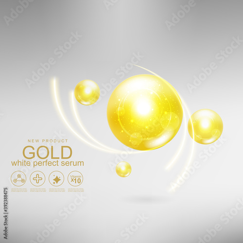 Collagen Perfect Serum Gold and Vitamin Background Concept Skin Care Cosmetic.