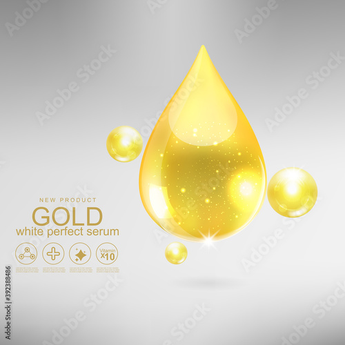 Collagen Perfect Serum Gold and Vitamin Background Concept Skin Care Cosmetic.