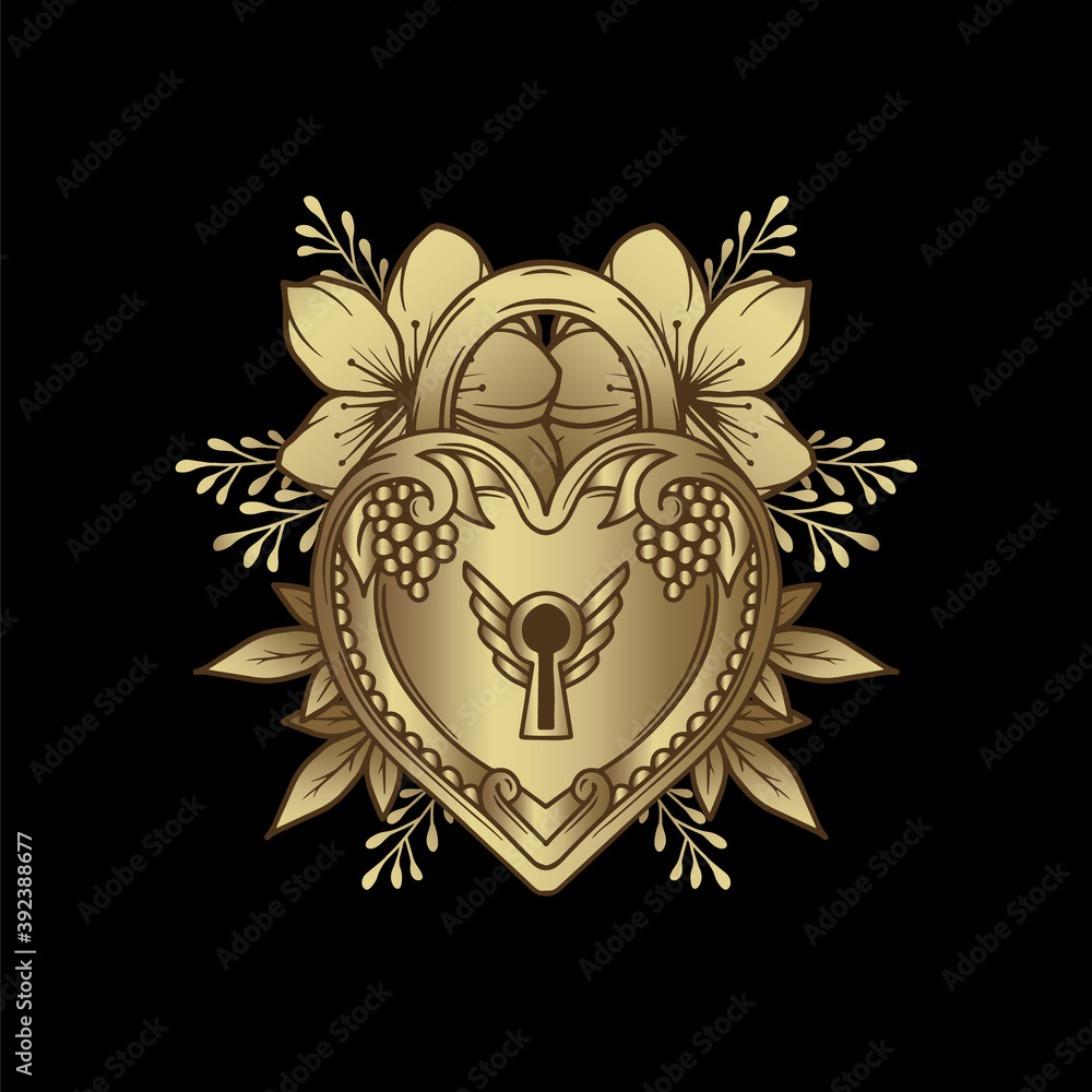 Obraz premium Heart shaped padlock in luxury vintage engraved style with flourish ornament.