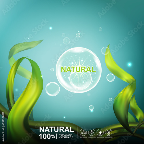 Collagen Serum Seaweed Extract  and Vitamin underwater Background Concept Skin Care Cosmetic.