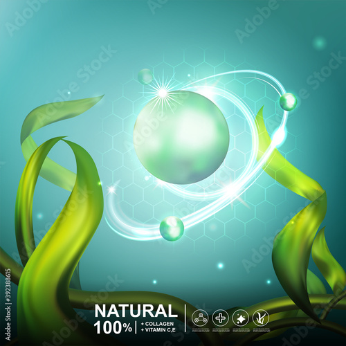 Collagen Serum Seaweed Extract  and Vitamin underwater Background Concept Skin Care Cosmetic.