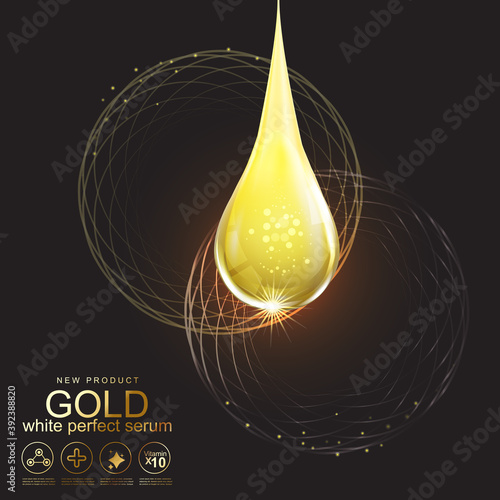 Collagen Perfect Serum Gold and Vitamin Background Concept Skin Care Cosmetic.